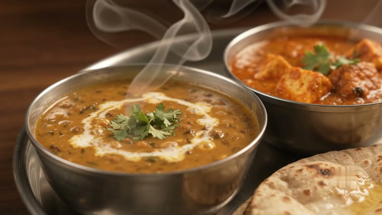 A hand tearing fresh naan beside bowls of steaming dal and curry on a steel thali