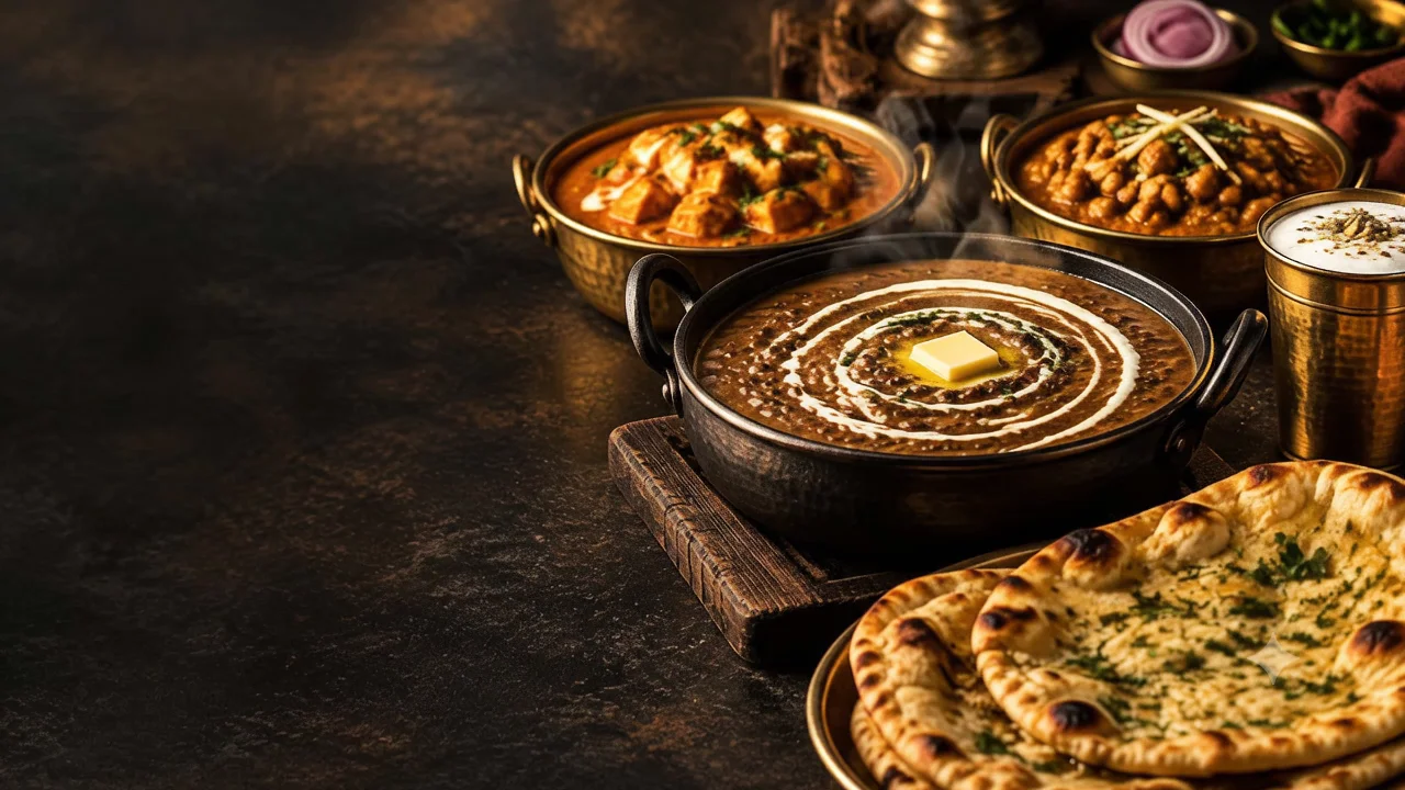 An authentic Punjabi feast of dal makhani, curries, warm naan and lassi