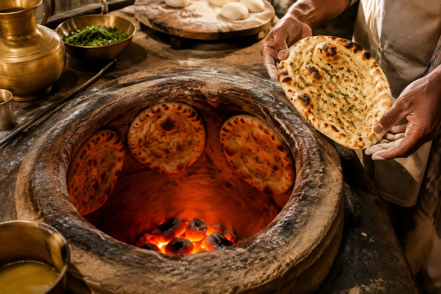 Skilled hands preparing naan beside a glowing traditional clay tandoor