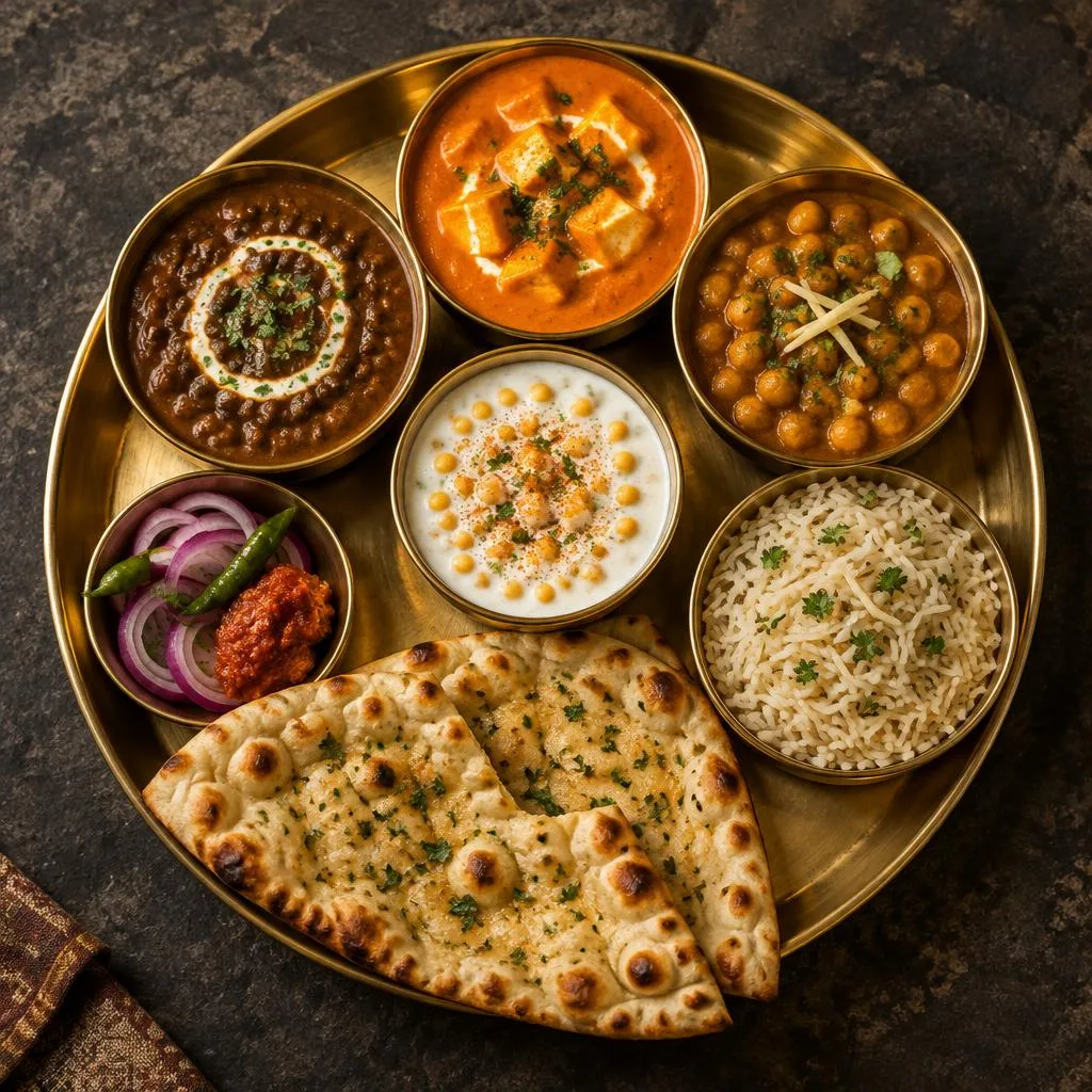 Punjabi brass thali with curries, rice, naan and accompaniments